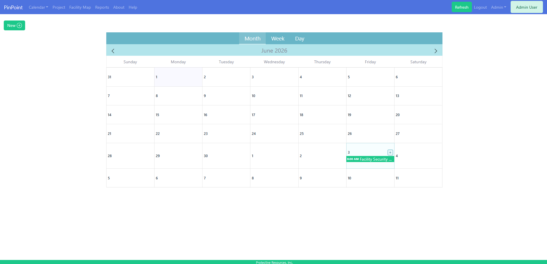 Calendar month view with a facility security event scheduled.
